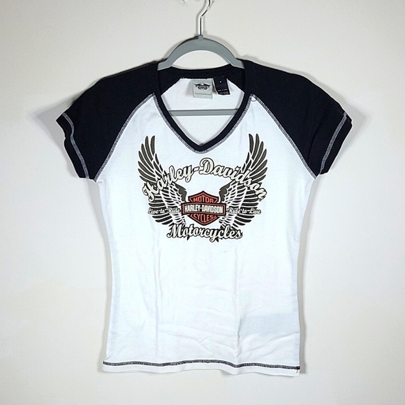 Harley Davidson T Shirt V Neck Raglan Tee Live to Ride Black/White M Flawed - Picture 2 of 6